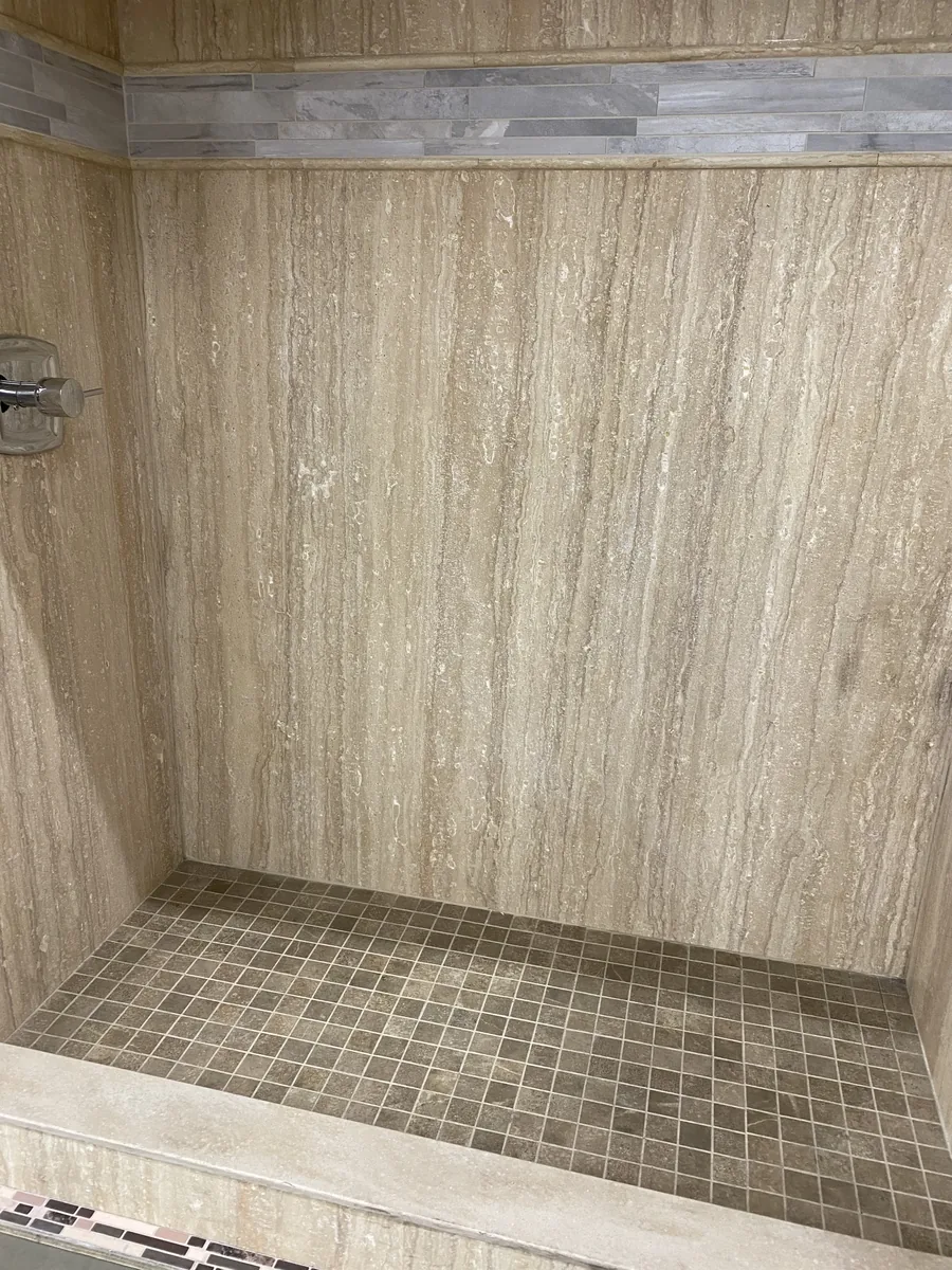 Travertine and Mosaic Grid Tile Shower | Albaner Tile and Stone Phoenix